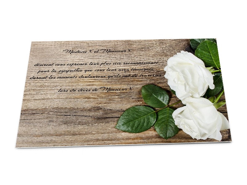 Cartes décès fleurs - Roses blanches sur fond bois - réf.02DEC1013 -  1001Cartes