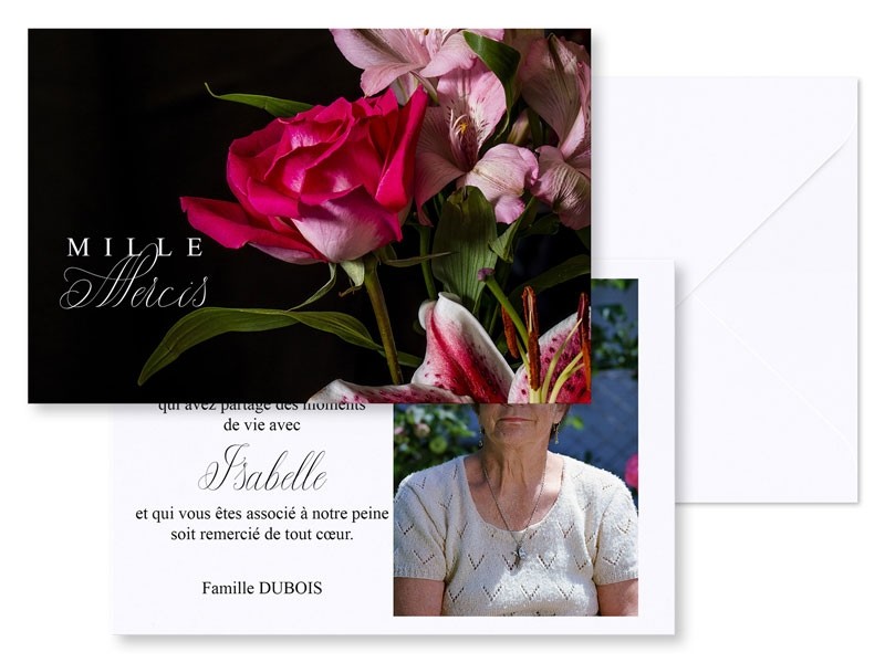 Carte remerciement décès - Bouquet de rose et lys - réf.A02-DEC14J41