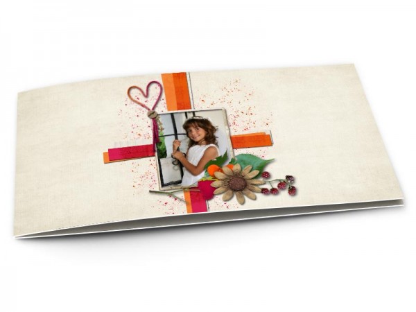 Faire-part communion - Croix orange et coeur rose