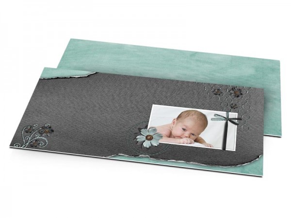 Faire-part naissance - Ruban noir et fleur turquoise