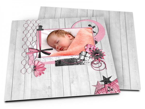 Faire-part naissance - Bois gris et ruban rose