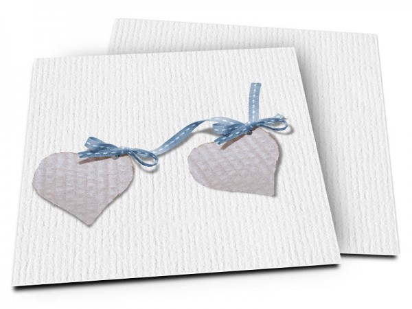 Faire-part naissance - Deux coeurs liés par un ruban bleu