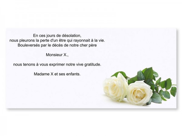 Carte remerciement décès - Deux roses blanches posées