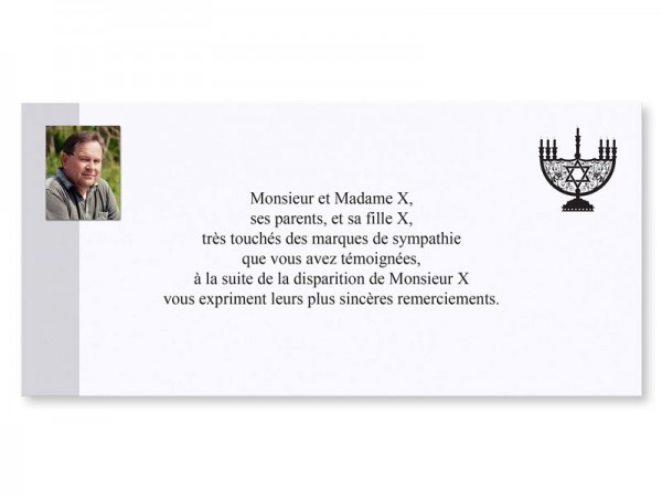 Carte remerciement décès - Ménorah et photo