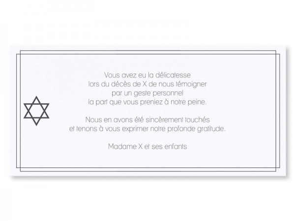 Carte remerciement décès - Etoile de David et encadrement double