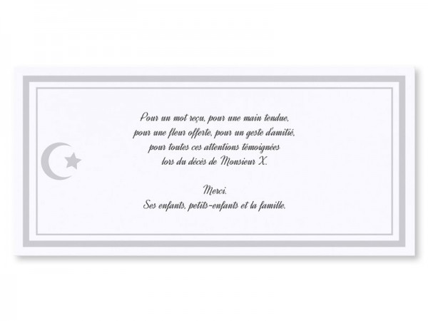 Carte remerciement décès - Croissant de lune et étoile avec texte encadré