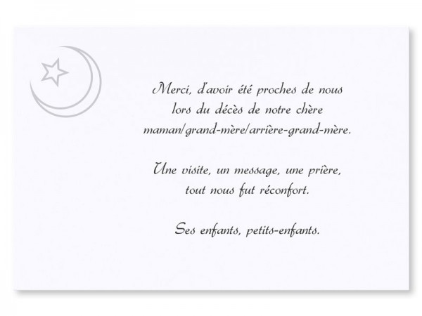 Carte remerciement décès - Croissant de lune et étoile double