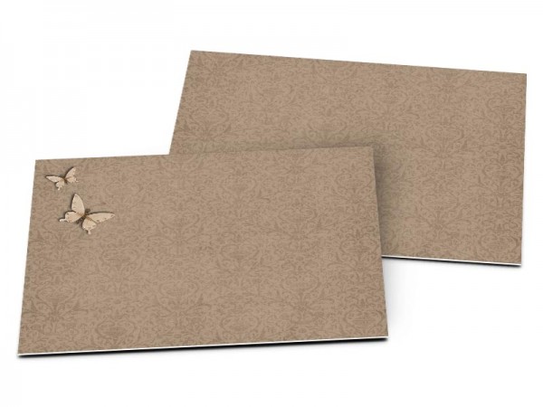 Carton d'invitation mariage - Fleurs et papillons sur fond marron