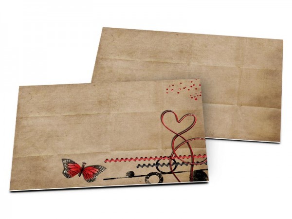 Carton d'invitation mariage - Papillons rouges et coeurs enlacés