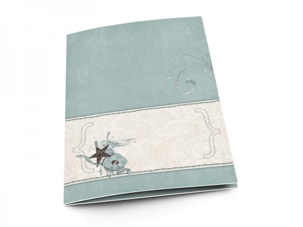 Menu mariage - Frise beige cousue sur fond turquoise