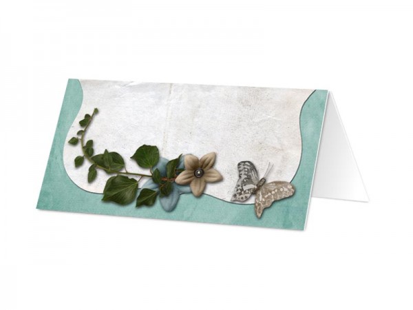 Marque-place baptême - Bleu – fleurs et papillons