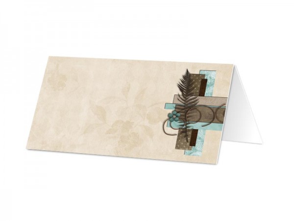 Marque-place baptême - Croix beige, marron et turquoise