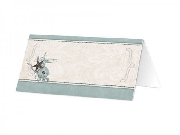 Marque-place mariage - Frise beige cousue sur fond turquoise