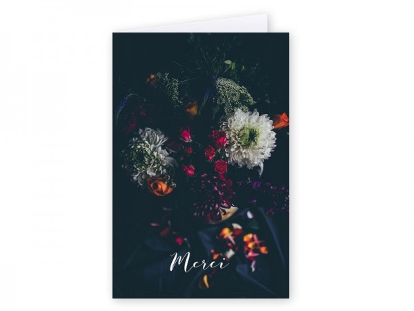  Carte remerciement décès - Bouquet de fleurs sur fond noir