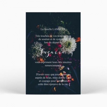  Carte remerciement décès - Bouquet de fleurs sur fond noir