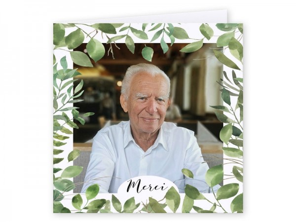  Carte remerciement décès - Photo cadre feuilles
