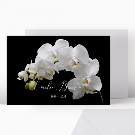  Carte remerciement décès - Orchidée blanche sur fond noir