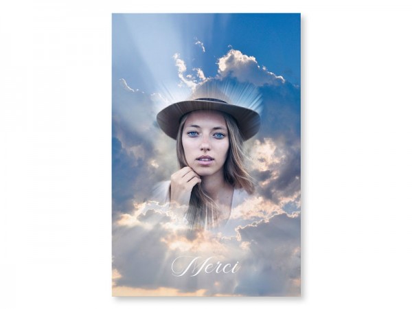  Carte remerciement décès - Ciel avec photo portrait effet lumière 