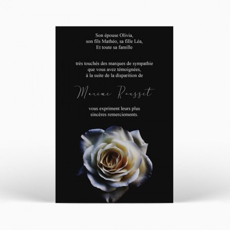  Carte remerciement décès - Rose blanche sur fond noir