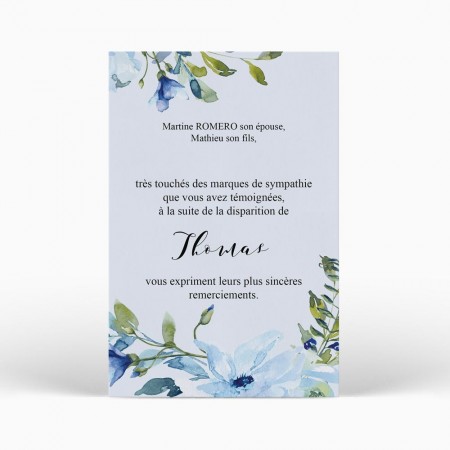  Carte remerciement décès - Fleurs bleues aquarelle