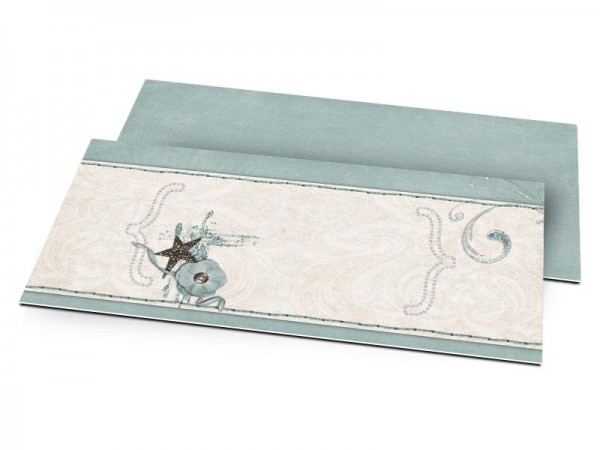 Faire-part mariage - Frise beige cousue sur fond turquoise