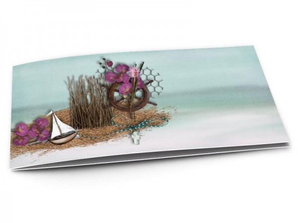 Faire-part mariage - La mer – petit bateau et fleurs violettes