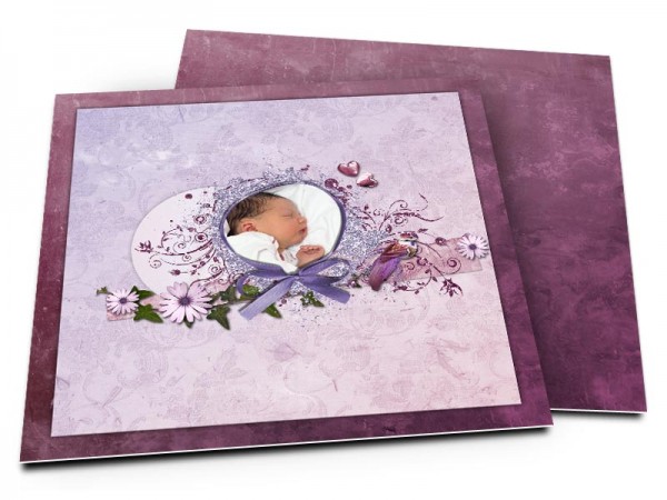 Faire-part naissance - Photo entourée d'un ruban violet