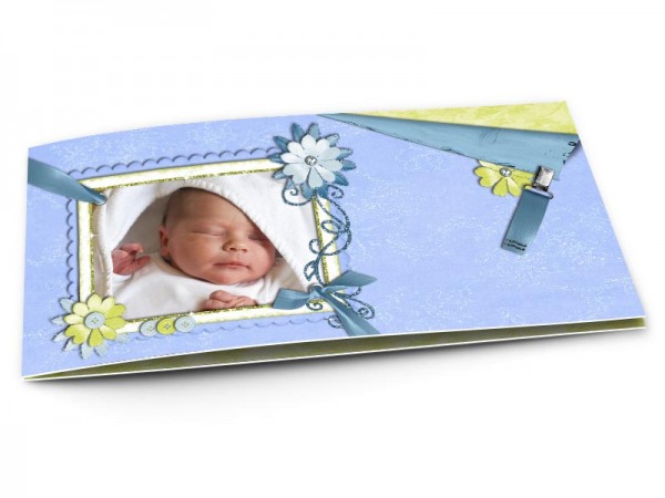 Faire-part naissance - Ruban bleu et fleurs vertes