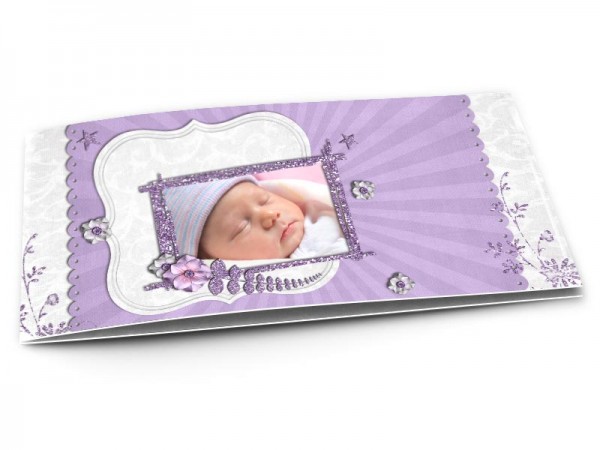 Faire-part naissance - Paillettes et fleurs violettes