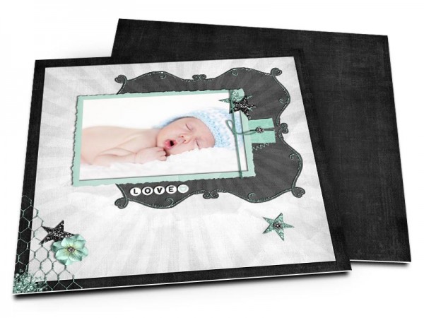 Faire-part naissance - Love gris, turquoise et noir