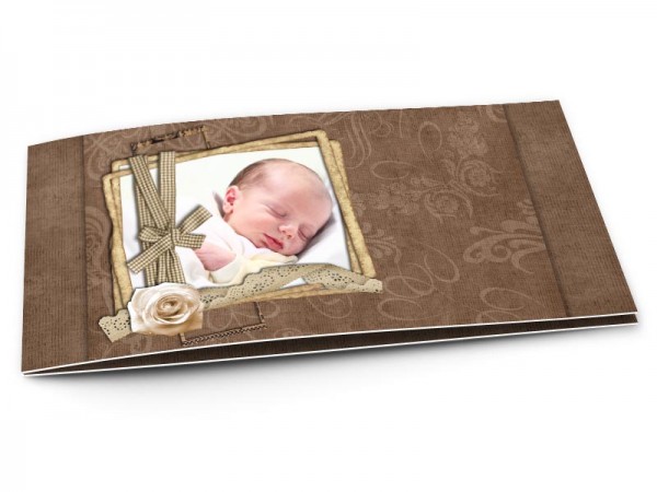 Faire-part naissance - Rose blanche et dentelle sur fond marron