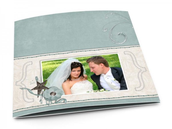 Remerciements mariage - Frise beige cousue sur fond turquoise