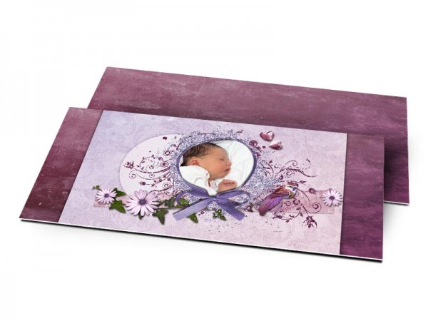 Remerciements naissance - Photo entourée d'un ruban violet