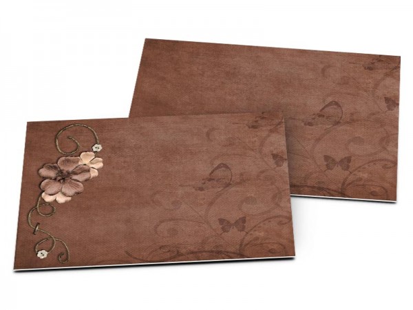 Carton d'invitation mariage - Marron fleurs et papillons