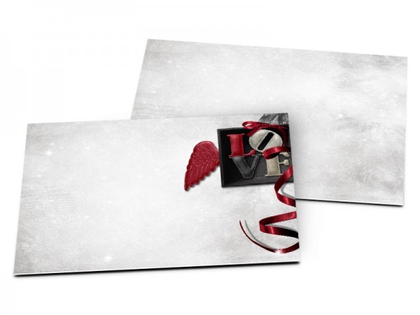 Carton d'invitation mariage - Coeur d'argent et ailes rouges
