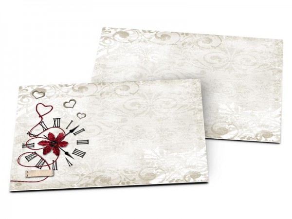 Carton d'invitation mariage - L'horloge et les coeurs en argent