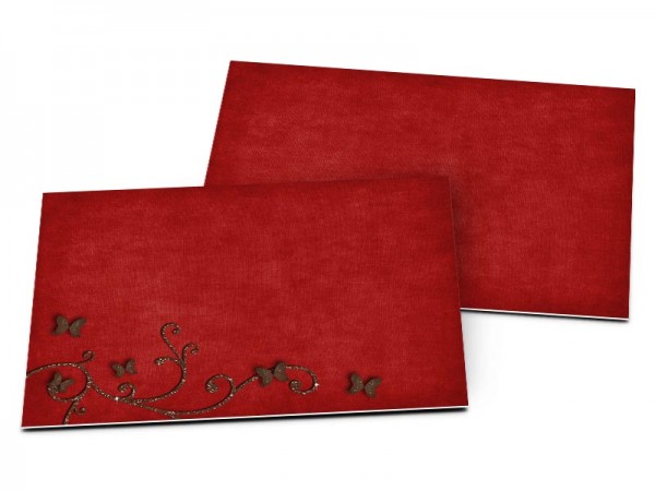 Carton d'invitation mariage - Papillons marrons sur fond rouge