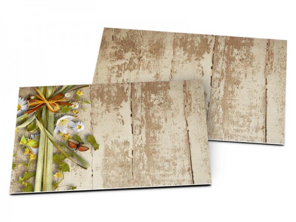 Carton d'invitation mariage - Fleurs printanières déposées sur bois vieilli
