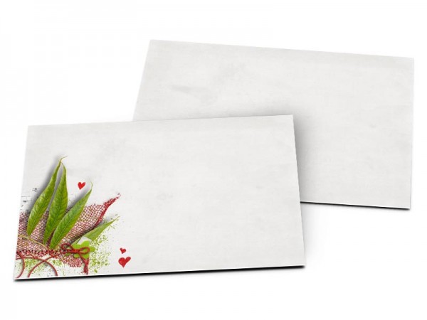 Carton d'invitation mariage - Coeurs rouges et feuilles vertes