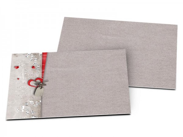 Carton d'invitation mariage - Coeurs rouges et fine ficelle grise