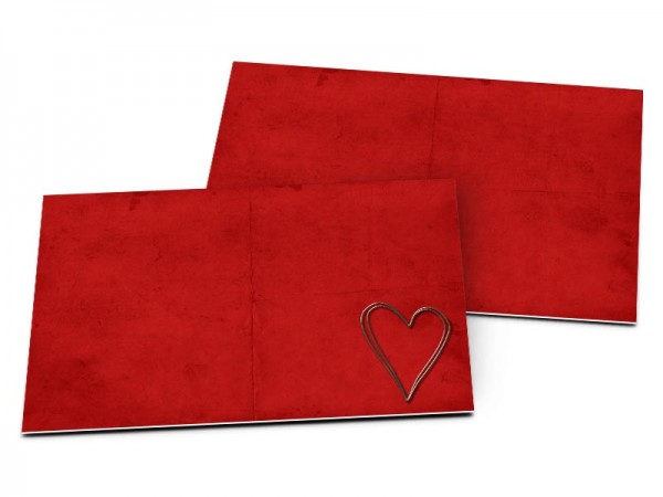 Carton d'invitation mariage - Coeur argenté posé sur fond rouge