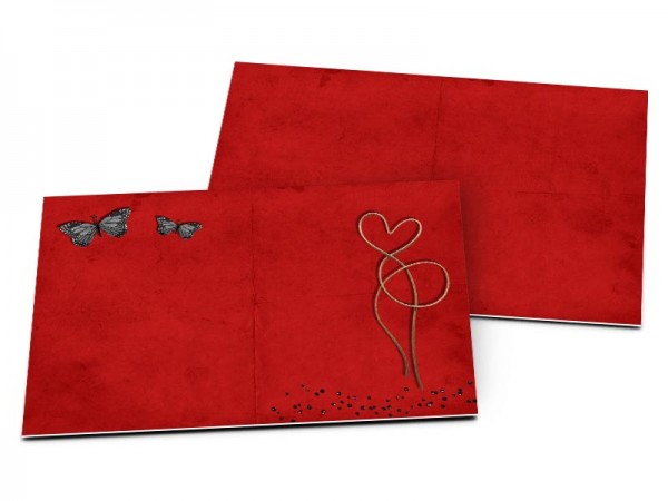 Carton d'invitation mariage - Rouge et noir - coeur et papillons
