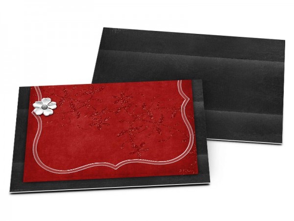Carton d'invitation mariage - Rouge et noir – fleurs blanches et ruban