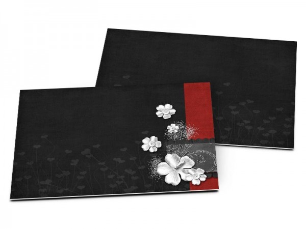 Carton d'invitation mariage - Rouge et noir – fleurs blanches et dentelle
