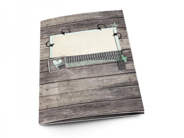 Menu mariage - Bois gris et dentelle turquoise