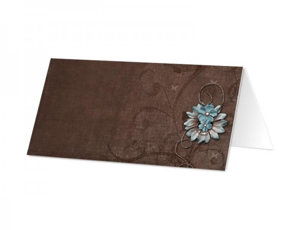 Marque-place communion - Croix et fleurs bleus sur fond marron