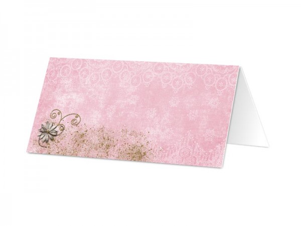 Marque-place mariage - Fleurs blanches sur fond rose