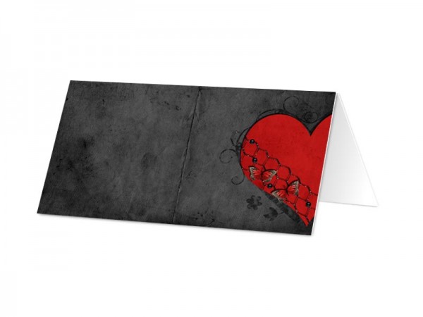 Marque-place mariage - Coeur rouge sur fond noir