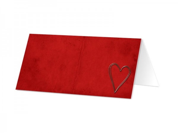 Marque-place mariage - Coeur argenté posé sur fond rouge