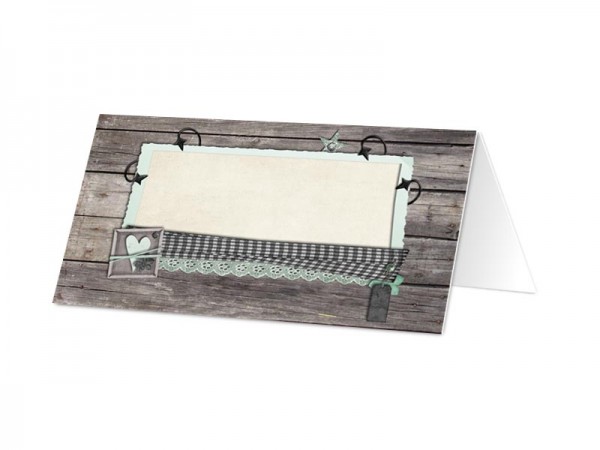 Marque-place mariage - Bois gris et dentelle turquoise